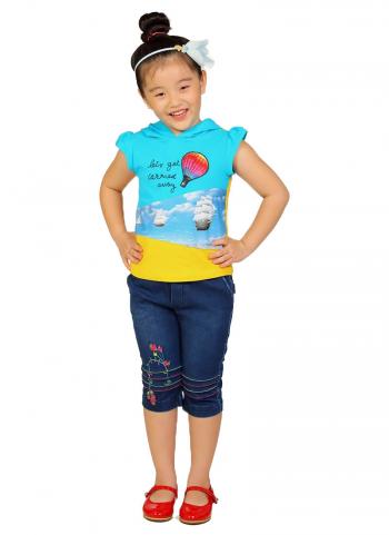 Áo thun bé gái YF tay con phối mũ in hoa màu xanh da trời